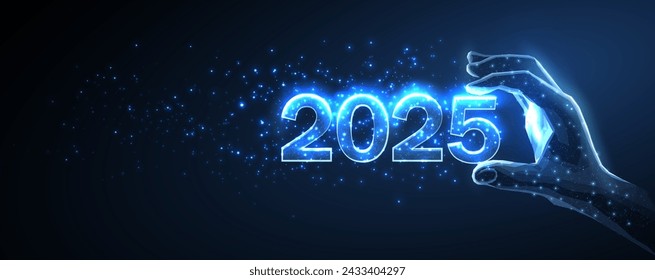 Numbers 2024 in digital hand. New year blue background. Low poly style. Web banner template. Calendar season 2024. Abstract wireframe vector illustration. Happy new year 2024 celebration.