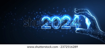 Numbers 2024 in digital hand. New year blue background. Low poly style. Web banner template. Calendar season 2024. Abstract wireframe vector illustration. Happy new year 2024 celebration.