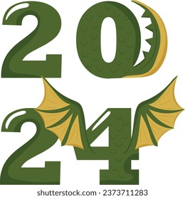 numbers 2024 drawn in the style of the next year's symbol, namely a green dragon with wings and a tail, vector illustration