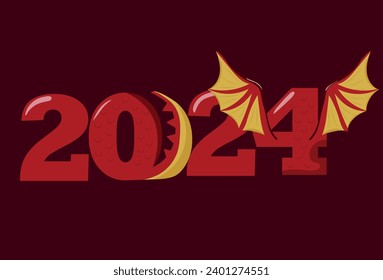 numbers 2024 drawn in the style of the next year's symbol, namely a red dragon with wings and a tail, vector illustration