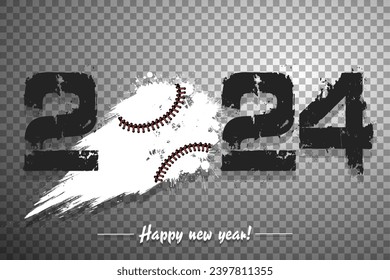 Numbers 2024 and flying abstract baseball ball made from blots with by milky way in grunge style. Happy New Year 2024. Design template for greeting card. Vector illustration on isolated background