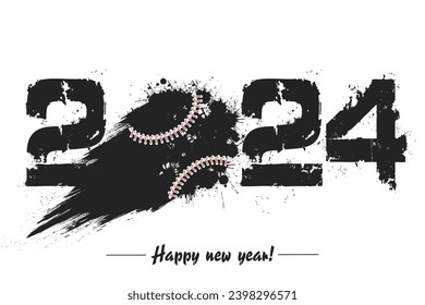 Números 2024 y bola de béisbol abstracta voladora hecha de manchas con de manera lechosa en estilo grunge. Feliz Año Nuevo 2024. Plantilla de diseño para tarjeta de felicitación. Ilustración del vector en el fondo aislado
