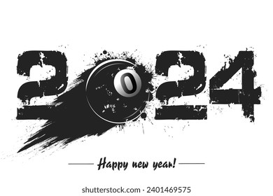 Números 2024 y bola de billar volando abstracta hecha de manchas con de manera lechosa en estilo grunge. Feliz Año Nuevo 2024. Plantilla de diseño para tarjeta de felicitación. Ilustración del vector en el fondo aislado