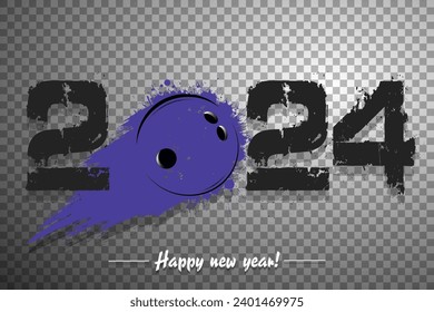 Numbers 2024 and flying abstract bowling ball made from blots with by milky way in grunge style. Happy New Year 2024. Design template for greeting card. Vector illustration on isolated background
