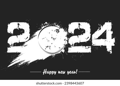 Numbers 2024 and flying abstract hockey puck made from blots with by milky way in grunge style. Happy New Year 2024. Design template for greeting card. Vector illustration on isolated background