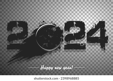 Numbers 2024 and flying abstract hockey puck made from blots with by milky way in grunge style. Happy New Year 2024. Design template for greeting card. Vector illustration on isolated background