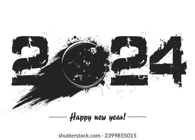 Numbers 2024 and flying abstract hockey puck made from blots with by milky way in grunge style. Happy New Year 2024. Design template for greeting card. Vector illustration on isolated background