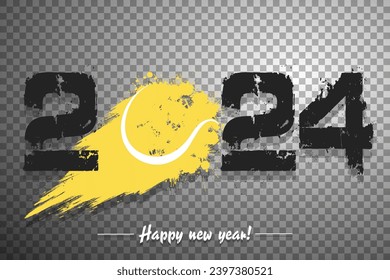 Numbers 2024 and flying abstract tennis ball made from blots with by milky way in grunge style. Happy New Year 2024. Design template for greeting card. Vector illustration on isolated background