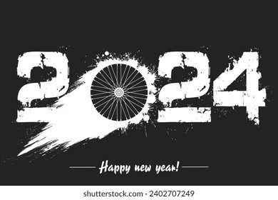 Numbers 2024 and flying abstract wheel bike made from blots with by milky way in grunge style. Happy New Year 2024. Design template for greeting card. Vector illustration on isolated background