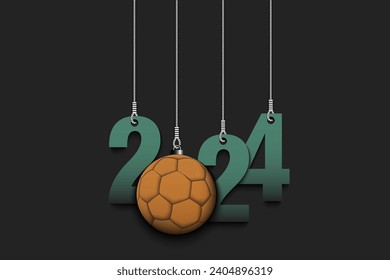 Numbers 2024 and handball ball as a Christmas decorations are hanging on strings. New Year 2024 are hang on cords. Template design for greeting card. Vector illustration on isolated background