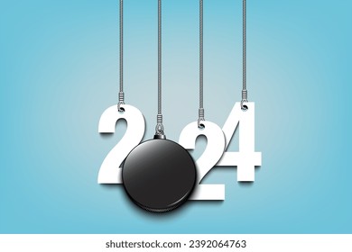 Numbers 2024 and hockey puck as a Christmas decorations are hanging on strings. New Year 2024 are hang on cords. Template design for greeting card. Vector illustration on isolated background