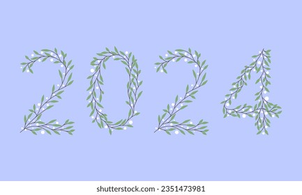 The numbers 2024, lined with sprigs of mistletoe. Vector illustration.