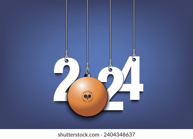 Numbers 2024 and ping-pong as a Christmas decorations are hanging on strings. New Year 2024 are hang on cords. Template design for greeting card. Vector illustration on isolated background
