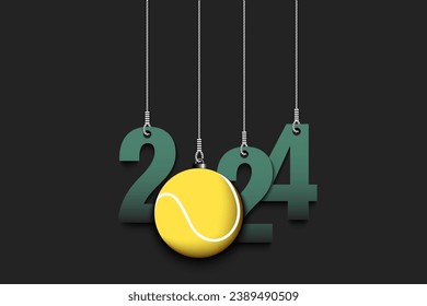 Numbers 2024 and tennis ball as a Christmas decorations are hanging on strings. New Year 2024 are hang on cords. Template design for greeting card. Vector illustration on isolated background