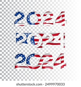 Numbers 2024 with USA flag. Vector illustration with design of numbers 2024 for decoration holiday, events, election, ad, promotion, banners, campaign, collage, in USA. American flag in numbers 2024.