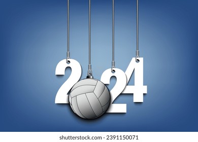 Numbers 2024 and volleyball ball as a Christmas decorations are hanging on strings. New Year 2024 are hang on cords. Template design for greeting card. Vector illustration on isolated background