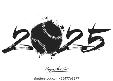 Numbers 2025 and a abstract baseball ball made of blots in grunge style. Design text logo Happy New Year 2025. Template for greeting card, banner, poster. Vector illustration on isolated background