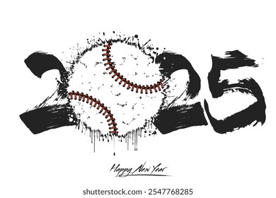 Numbers 2025 and a abstract baseball ball made of blots in grunge style. Design text logo Happy New Year 2025. Template for greeting card, banner, poster. Vector illustration on isolated background