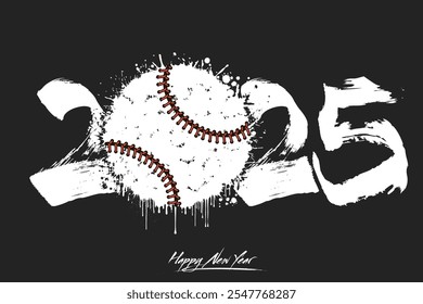 Numbers 2025 and a abstract baseball ball made of blots in grunge style. Design text logo Happy New Year 2025. Template for greeting card, banner, poster. Vector illustration on isolated background