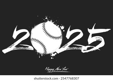 Numbers 2025 and a abstract baseball ball made of blots in grunge style. Design text logo Happy New Year 2025. Template for greeting card, banner, poster. Vector illustration on isolated background