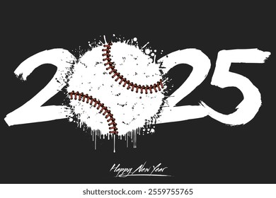 Numbers 2025 and a abstract baseball ball made of blots in grunge style. Design text logo Happy New Year 2025. Template for greeting card, banner, poster. Vector illustration on isolated background