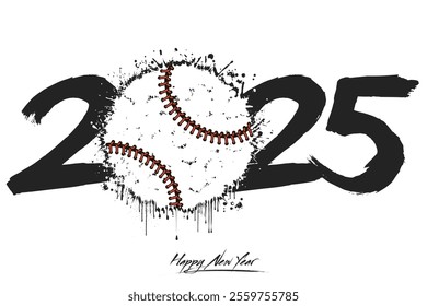 Numbers 2025 and a abstract baseball ball made of blots in grunge style. Design text logo Happy New Year 2025. Template for greeting card, banner, poster. Vector illustration on isolated background