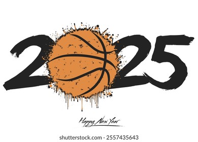 Numbers 2025 and a abstract basketball ball made of blots in grunge style. Design text logo Happy New Year 2025. Template for greeting card, banner, poster. Vector illustration on isolated background