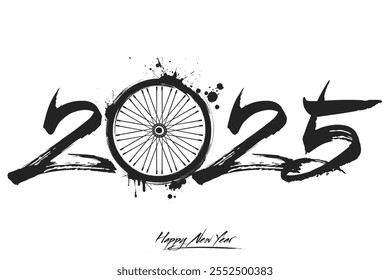 Números 2025 y una rueda de bicicleta abstracta hecha de manchas en estilo grunge. Logotipo de texto de diseño Feliz año Nuevo 2025. Plantilla para la tarjeta de felicitación, Anuncio, cartel. Ilustración vectorial sobre fondo aislado