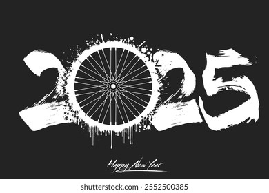 Números 2025 y una rueda de bicicleta abstracta hecha de manchas en estilo grunge. Logotipo de texto de diseño Feliz año Nuevo 2025. Plantilla para la tarjeta de felicitación, Anuncio, cartel. Ilustración vectorial sobre fondo aislado