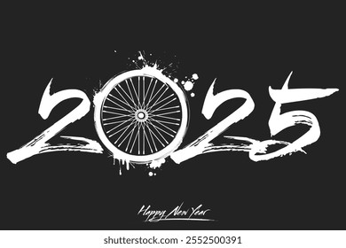 Números 2025 e uma roda de bicicleta abstrata feita de manchas em estilo grunge. Logotipo de texto de design Feliz Ano Novo 2025. Modelo para cartão, faixa, cartaz. Ilustração vetorial em plano de fundo isolado