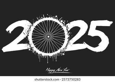 Numbers 2025 and a abstract bike wheel made of blots in grunge style. Design text logo Happy New Year 2025. Template for greeting card, banner, poster. Vector illustration on isolated background