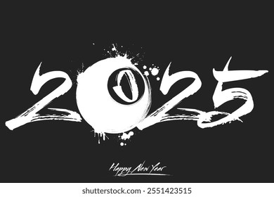 Numbers 2025 and a abstract billiard ball made of blots in grunge style. Design text logo Happy New Year 2025. Template for greeting card, banner, poster. Vector illustration on isolated background