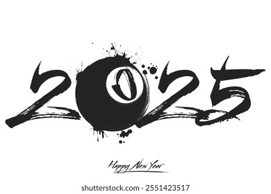 Numbers 2025 and a abstract billiard ball made of blots in grunge style. Design text logo Happy New Year 2025. Template for greeting card, banner, poster. Vector illustration on isolated background