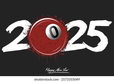 Numbers 2025 and a abstract billiard ball made of blots in grunge style. Design text logo Happy New Year 2025. Template for greeting card, banner, poster. Vector illustration on isolated background