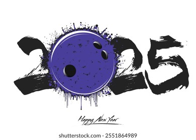 Numbers 2025 and a abstract bowling ball made of blots in grunge style. Design text logo Happy New Year 2025. Template for greeting card, banner, poster. Vector illustration on isolated background