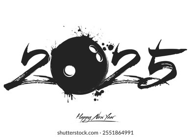 Numbers 2025 and a abstract bowling ball made of blots in grunge style. Design text logo Happy New Year 2025. Template for greeting card, banner, poster. Vector illustration on isolated background