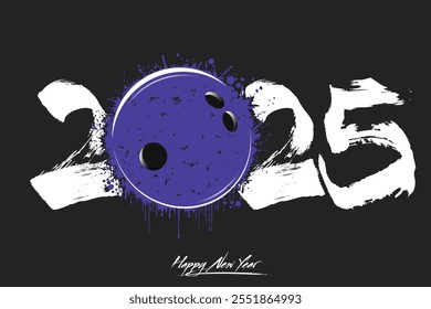 Numbers 2025 and a abstract bowling ball made of blots in grunge style. Design text logo Happy New Year 2025. Template for greeting card, banner, poster. Vector illustration on isolated background