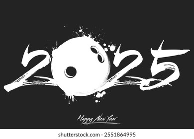 Numbers 2025 and a abstract bowling ball made of blots in grunge style. Design text logo Happy New Year 2025. Template for greeting card, banner, poster. Vector illustration on isolated background