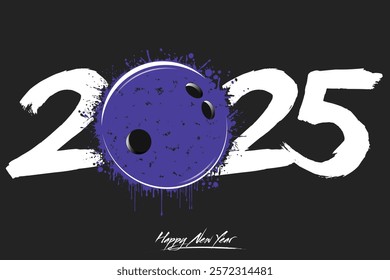 Numbers 2025 and a abstract bowling ball made of blots in grunge style. Design text logo Happy New Year 2025. Template for greeting card, banner, poster. Vector illustration on isolated background