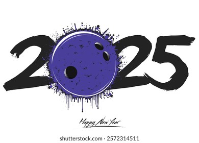 Numbers 2025 and a abstract bowling ball made of blots in grunge style. Design text logo Happy New Year 2025. Template for greeting card, banner, poster. Vector illustration on isolated background