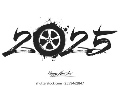 Numbers 2025 and a abstract car wheel made of blots in grunge style. Design text logo Happy New Year 2025. Template for greeting card, banner, poster. Vector illustration on isolated background