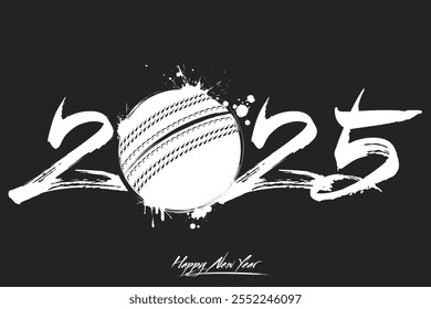 Números 2025 y una pelota de cricket abstracta hecha de manchas en estilo grunge. Logotipo de texto de diseño Feliz año Nuevo 2025. Plantilla para la tarjeta de felicitación, Anuncio, cartel. Ilustración vectorial sobre fondo aislado