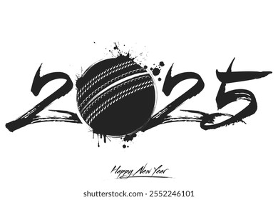 Números 2025 y una pelota de cricket abstracta hecha de manchas en estilo grunge. Logotipo de texto de diseño Feliz año Nuevo 2025. Plantilla para la tarjeta de felicitación, Anuncio, cartel. Ilustración vectorial sobre fondo aislado