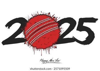 Numbers 2025 and a abstract cricket ball made of blots in grunge style. Design text logo Happy New Year 2025. Template for greeting card, banner, poster. Vector illustration on isolated background