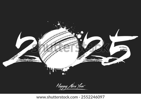 Numbers 2025 and a abstract cricket ball made of blots in grunge style. Design text logo Happy New Year 2025. Template for greeting card, banner, poster. Vector illustration on isolated background