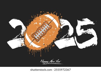 Numbers 2025 and a abstract football ball made of blots in grunge style. Design text logo Happy New Year 2025. Template for greeting card, banner, poster. Vector illustration on isolated background