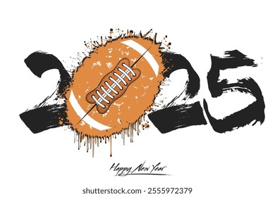 Numbers 2025 and a abstract football ball made of blots in grunge style. Design text logo Happy New Year 2025. Template for greeting card, banner, poster. Vector illustration on isolated background