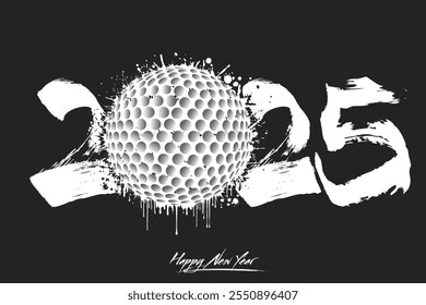 Numbers 2025 and a abstract golf ball made of blots in grunge style. Design text logo Happy New Year 2025. Template for greeting card, banner, poster. Vector illustration on isolated background