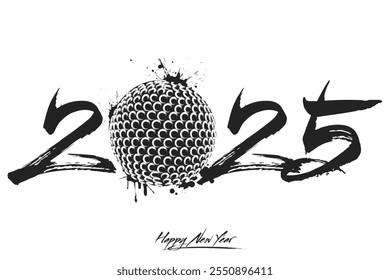 Numbers 2025 und ein abstrakter Golfball aus Schnickschnack im Grunge-Stil. Design Text Logo Frohes neues Jahr 2025. Vorlage für Grußkarte, Banner, Poster. Vektorgrafik auf isoliertem Hintergrund