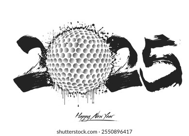 Números 2025 y una pelota de golf abstracta hecha de manchas en estilo grunge. Logotipo de texto de diseño Feliz año Nuevo 2025. Plantilla para la tarjeta de felicitación, Anuncio, cartel. Ilustración vectorial sobre fondo aislado